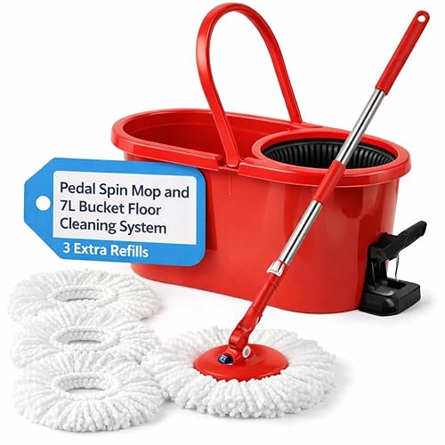 Pedal Spin Mop and 7LT Bucket Floor Cleaning System with 3 Extra Microfiber Mop Replacement Refills - Labor-Saving Foot Pressure Spin Mop