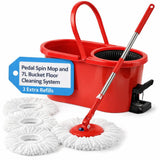 Pedal Spin Mop and 7LT Bucket Floor Cleaning System with 3 Extra Microfiber Mop Replacement Refills - Labor-Saving Foot Pressure Spin Mop