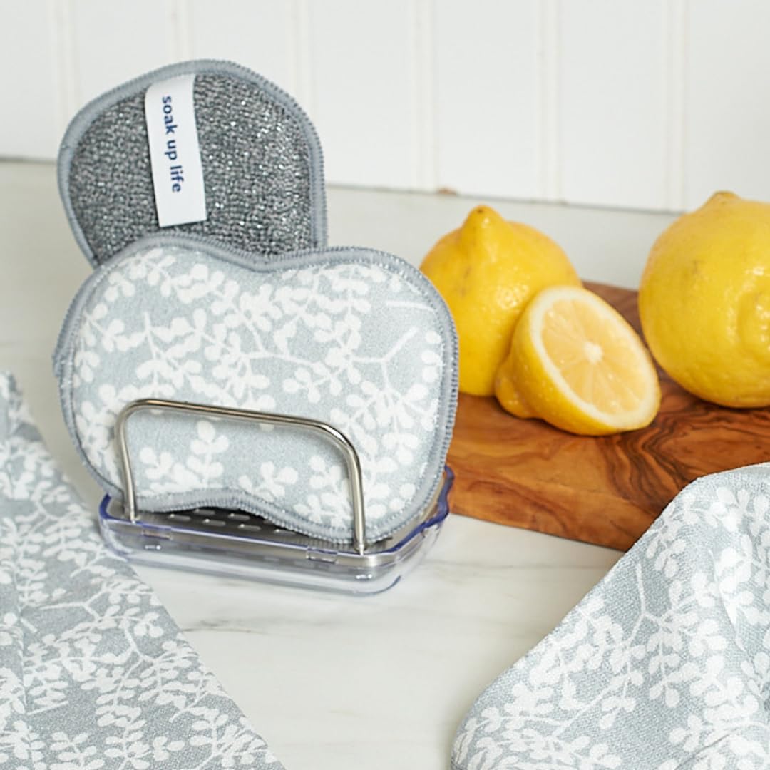 Bright Habits Sponge Set in Laurel Grey, 6 Pack Super Absorbent Washable Reusable Cleaning Sponges Made from Recycled Materials, Durable Eco Friendly