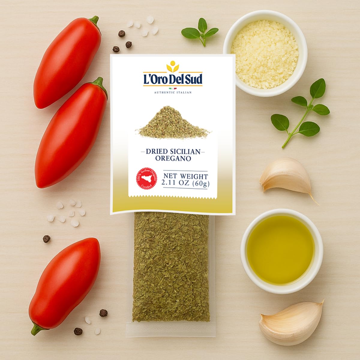 Sicilian Oregano Dried, 2.11 oz (60 g), Seasoning, Herbs, Ground Dried Oregano Leaves with intense aroma, Italian Oregano, L'Oro Del Sud