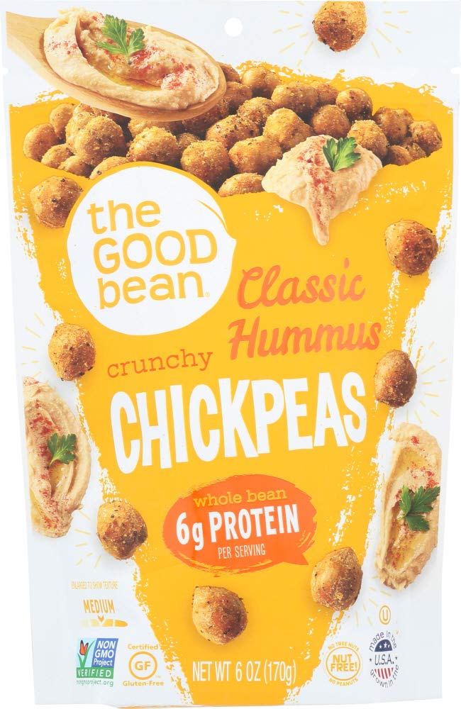 The Good Bean Crunchy Chickpeas - Classic Hummus - 6 oz Resealable Bag - Roasted Chickpea Beans - Vegan Snack with Good Source of Plant Protein