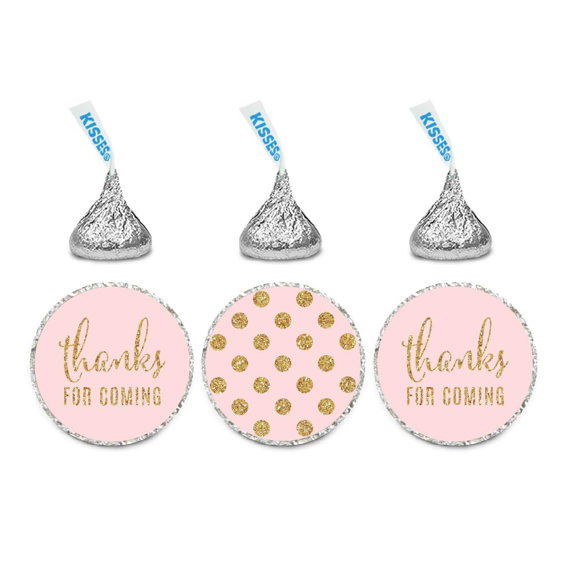 Andaz Press Gold Glitter Print Chocolate Drop Labels Stickers, Thanks for Coming! Polka Dots, Blush Pink, 216-Pack, Not Real Glitter, for Kisses Party