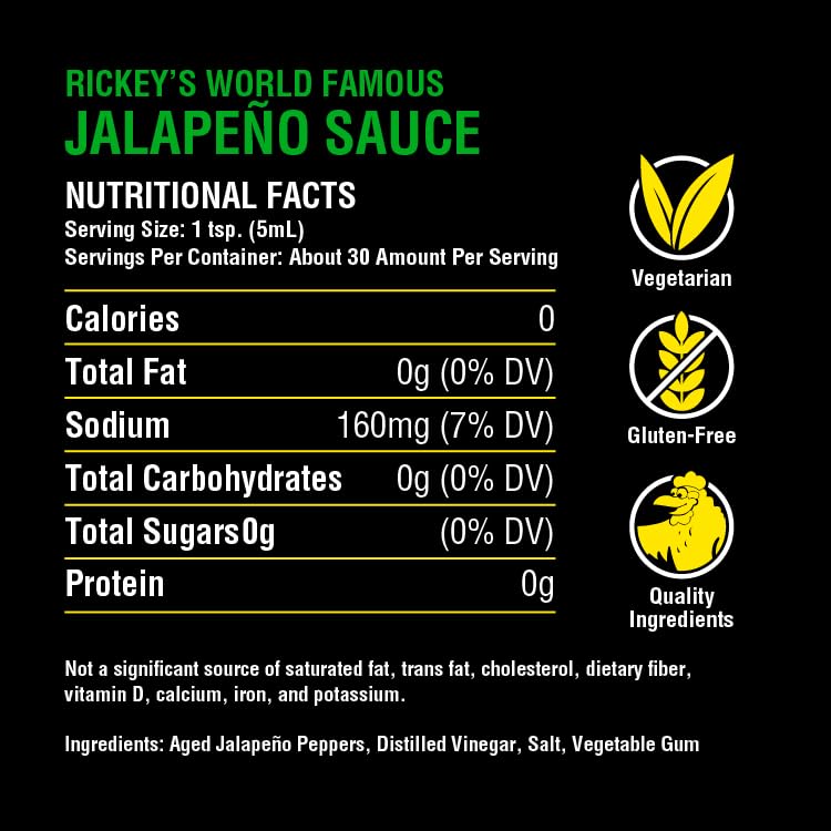 RICKEY'S World Famous Jalapeño Sauce, Gourmet Hot Sauce with Aged Jalapeño Peppers, Distilled Vinegar, Salt, Unique Flavor Experience, in a Bottle, 5