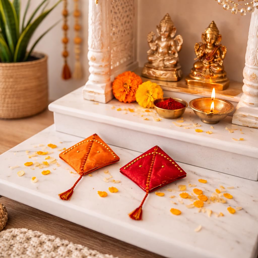 LOVENSPIRE Kite Style Mini Haldi Kumkum Packets for Pooja Thali - Decorative Sindoor & Turmeric Powder Combo for Wedding & Housewarming Favors