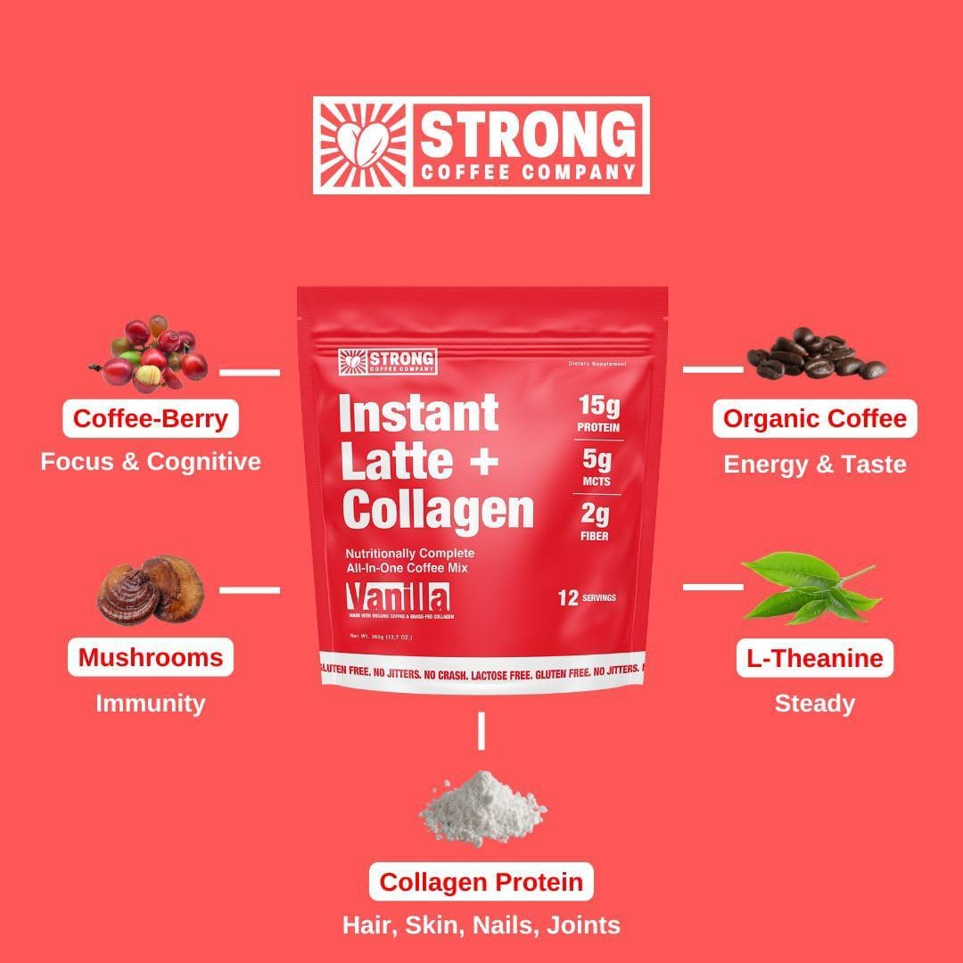 Strong Coffee Co. Vanilla Instant Latte Travel Pack | Organic Coffee with 15g Collagen Protein | Lion’s Mane & L-Theanine | Nootropic Instant Coffee |