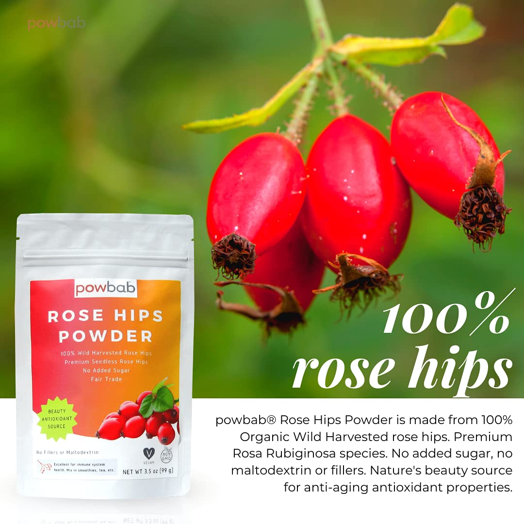 powbab Rose Hips Powder from 100% Wild Organic Rosehip. Premium Rosa Rubiginosa. Seedless Ground Rosehips from Whole Dried Rose Hips. No Added Sugar