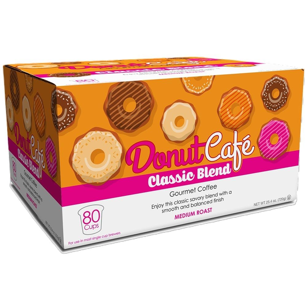 Donut Café - Coffee Gourmet Pods, Classic Blend, Medium Roast - Non-GMO, Gluten Free - Compatible with Keurig K Cup Brewers - Smooth & Delicious - 80