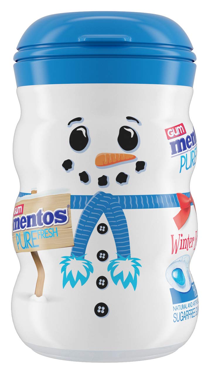 Mentos Sugar-Free Chewing Gum, Fresh Mint Flavor, Winter Edition Snowman Bottle, Holiday Stocking Stuffer, Secret Santa, 50 Count (Pack of 4)
