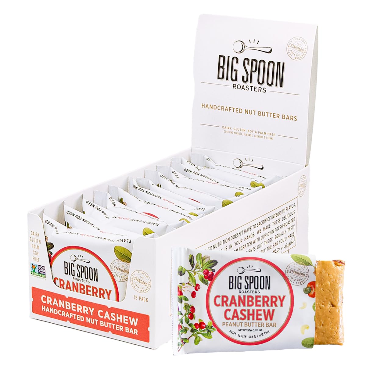 Big Spoon Roasters Cranberry Cashew Nut Butter Bars - Low Carb, High Protein Bars w/Pea Protein - Vegan Snacks w/Peanut & Almond Butter - Gluten-free