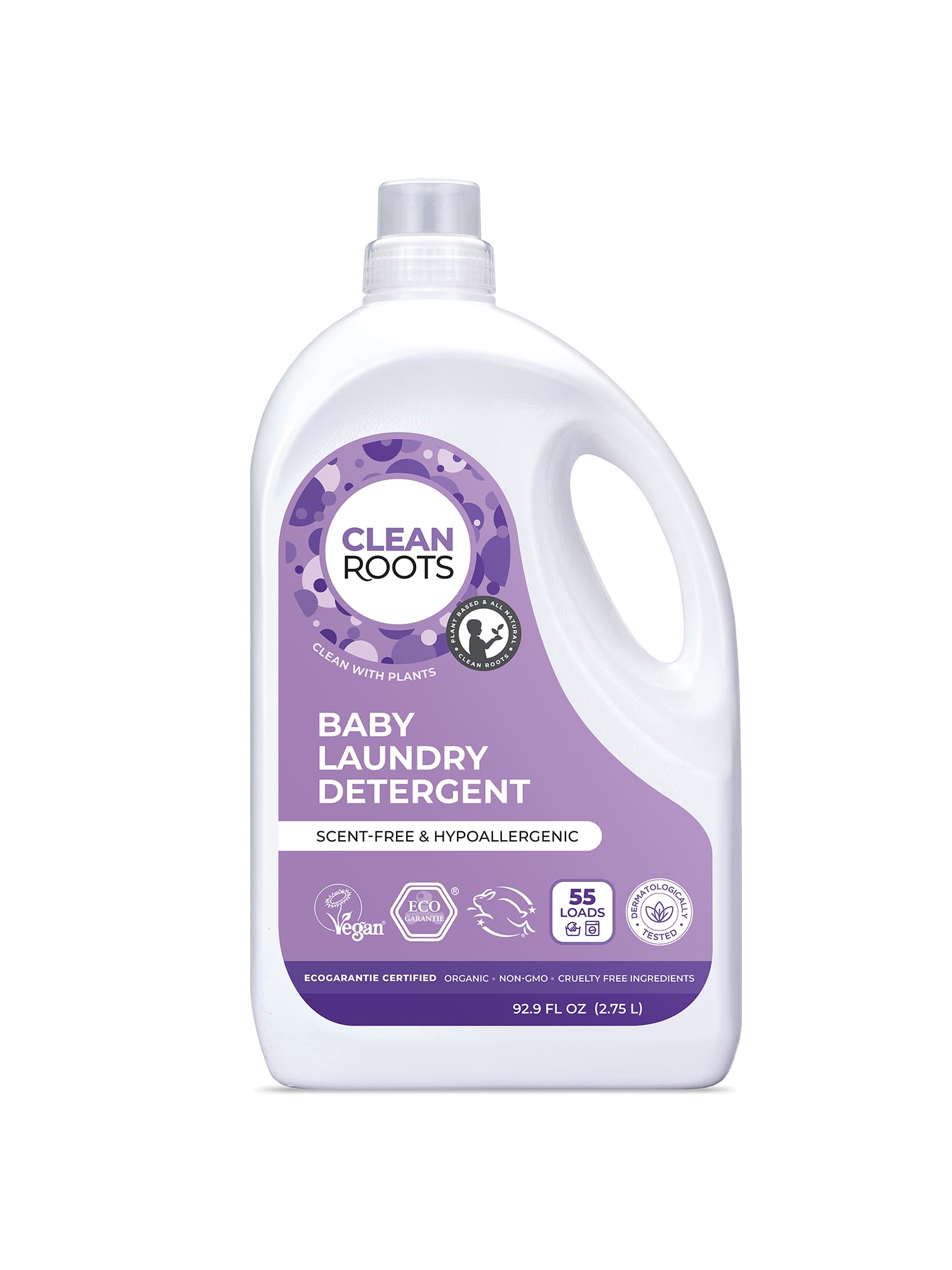 Clean Roots Baby Laundry Detergent, EcoGarantie Certified 100% Organic & Natural, Scent-Free & Hypoallergenic, Dermatologically Tested & Approved - 55