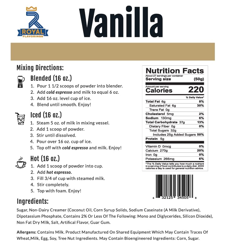 Royal Flavorings Vanilla Premium Flavored Frappe Drink Mix for Blended, Iced or Hot Drinks, Stand up Resealable Bag 3 Lb.