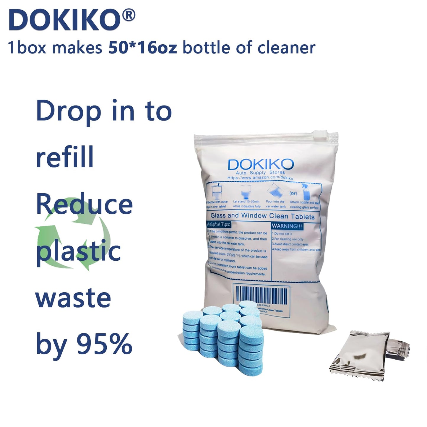 DOKIKO Glass Cleaner Refill Tablets - 50 Concentrated Multi-Surface Cleaning Tablets, 1 Pack Makes 50 * 16 fl oz Spray for Windows, Mirrors