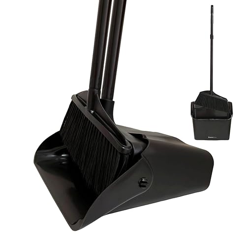 Primero Basics Broom and Dustpan Set with Long Handle and Wheels, Upright Standing Heavy Duty Large Dust Pan and Broom Combo for Indoor Outdoor
