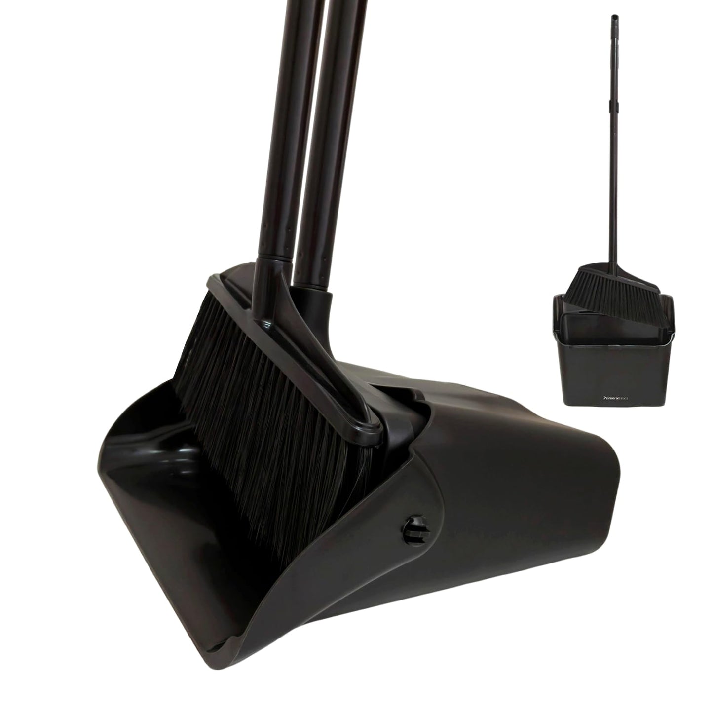 Primero Basics Broom and Dustpan Set with Long Handle and Wheels, Upright Standing Heavy Duty Large Dust Pan and Broom Combo for Indoor Outdoor