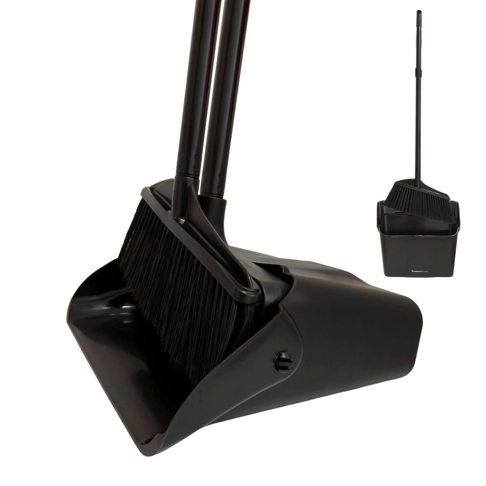 Primero Basics Broom and Dustpan Set with Long Handle and Wheels, Upright Standing Heavy Duty Large Dust Pan and Broom Combo for Indoor Outdoor