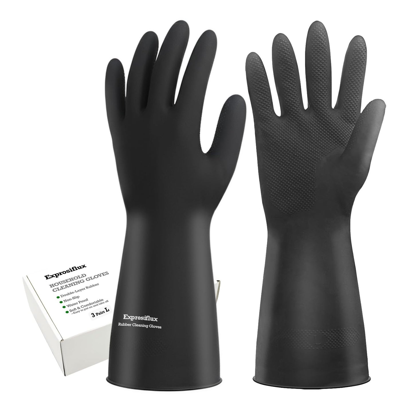 Exprosiflux Thick Rubber Cleaning Gloves - 3 Pairs Black Rubber Gloves for Dishwashing Large, Non-Slip Kitchen Gloves for Washing Dishes, Reusable