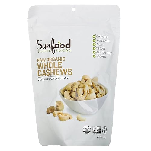 Sunfood Superfoods Raw Organic Whole Cashews - Raw Cashews, Organic Cashews Unsalted, Whole Natural Cashew Nuts Bulk, Gluten Free, USDA Organic - 8 Oz