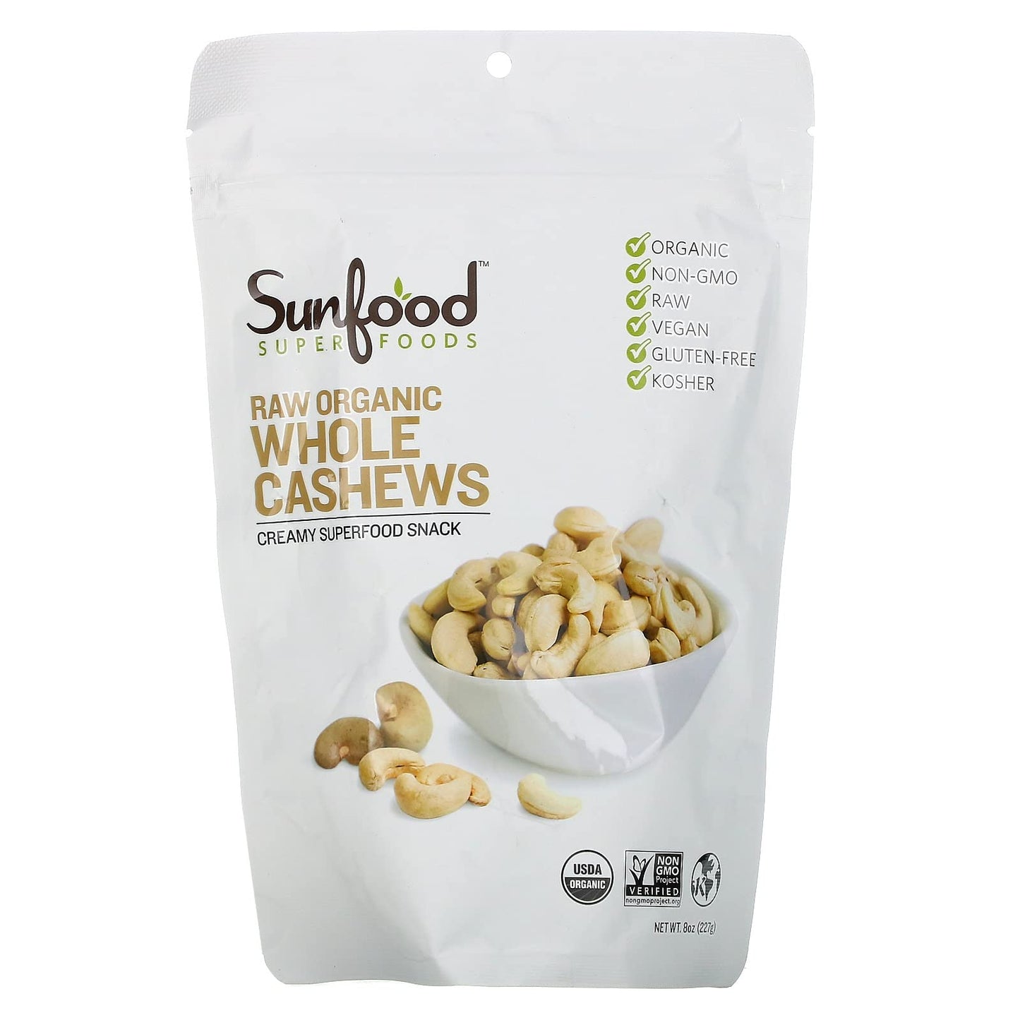 Sunfood Superfoods Raw Organic Whole Cashews - Raw Cashews, Organic Cashews Unsalted, Whole Natural Cashew Nuts Bulk, Gluten Free, USDA Organic - 8 Oz