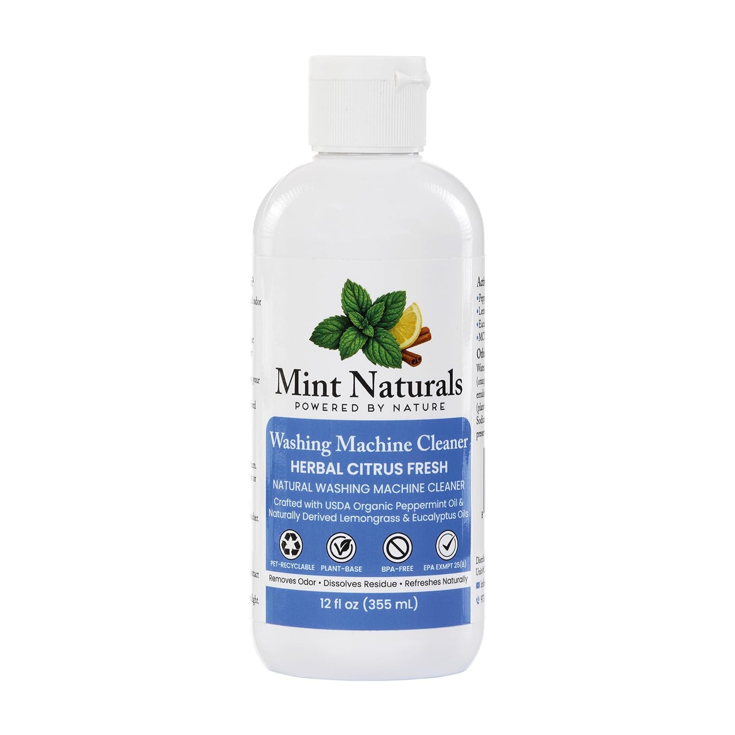 Mint Naturals Natural Washing Machine Cleaner Liquid - Formula That Helps Remove Odor & Residue in Front & Top Load Washers, 12 oz - Made in USA