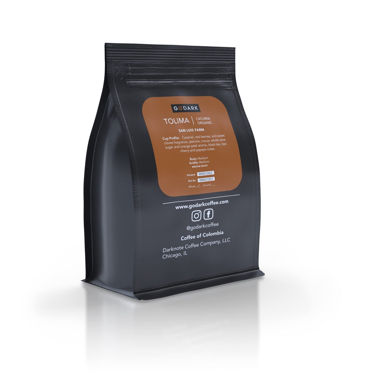 Colombian Organic Caturra Coffee from Tolima Region, San Luis Farm, Medium Roast, 1 Bag, Whole Bean.