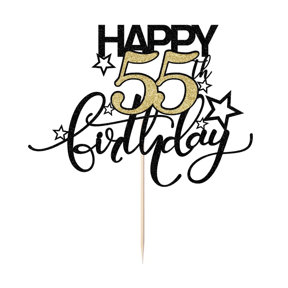 Bekaterea Happy Birthday Cake Topper,Black font Golden Numbers 55th Birthday Cake Decoration?Hello 55, Cheers to 55Years/55th Anniversary ?55