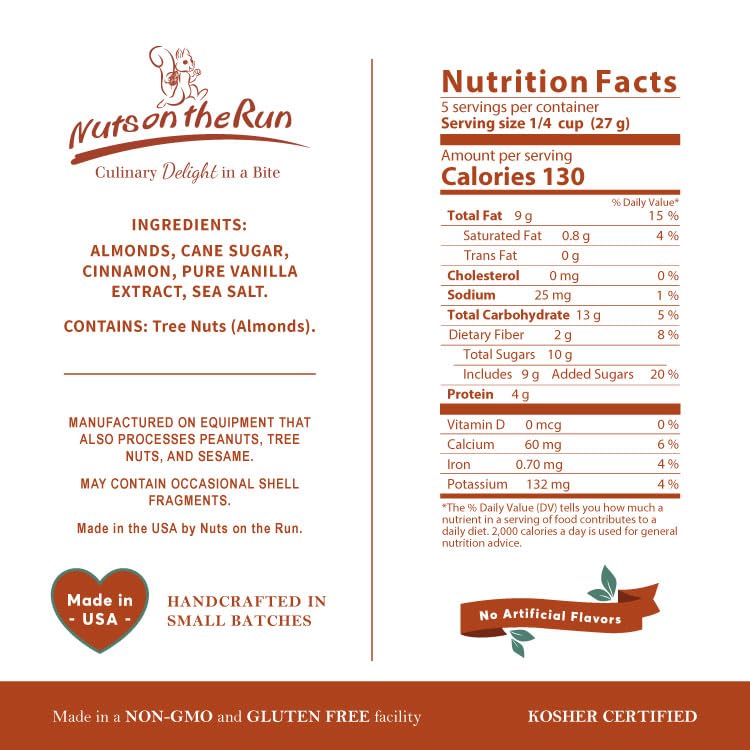 Cinnamon Almonds - Vegan, Kosher, Gluten-free, GMO-free - 4.75oz (PACK OF 3 BAGS), Satisfaction Guarantee, Vegan