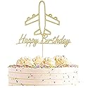 AHAORAY Airplane Cake Topper - Gold Glitter Cardboard Happy Birthday Airplane Themed Party Cake Decoration Supply - New Baby for Photo Booth Prop