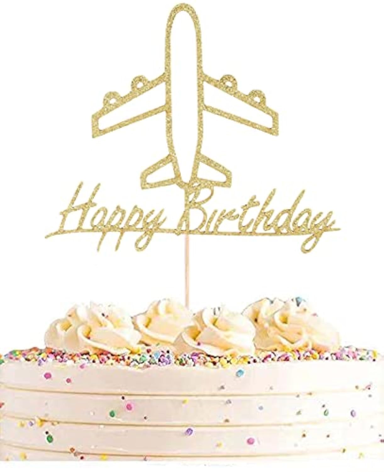 AHAORAY Airplane Cake Topper - Gold Glitter Cardboard Happy Birthday Airplane Themed Party Cake Decoration Supply - New Baby for Photo Booth Prop