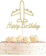 AHAORAY Airplane Cake Topper - Gold Glitter Cardboard Happy Birthday Airplane Themed Party Cake Decoration Supply - New Baby for Photo Booth Prop