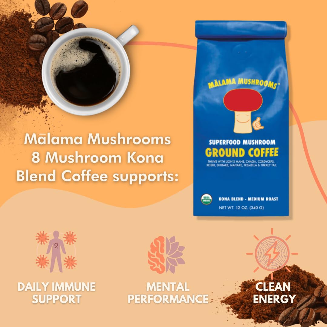 Organic Ground Mushroom Coffee by Malama | 8-Mushroom Superfood Blend with Lion’s Mane, Reishi, Cordyceps for Focus & Immune Support | Low Acid