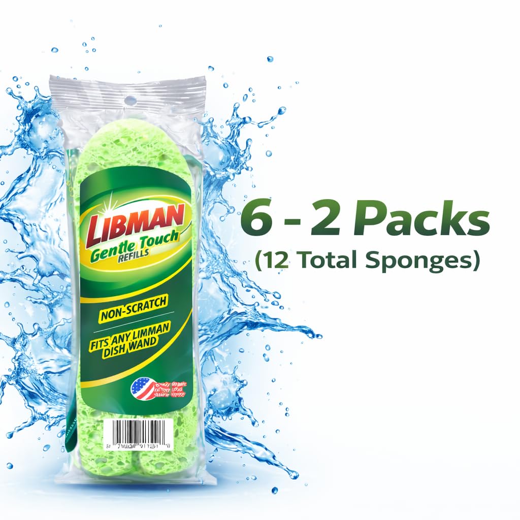 Libman 1131 Gentle Touch Dish Wand Refills, Non-Scratch Cellulose Sponge Heads with Scraper, Fits Libman #1130 Foaming Dish Wand, Made in USA, 12