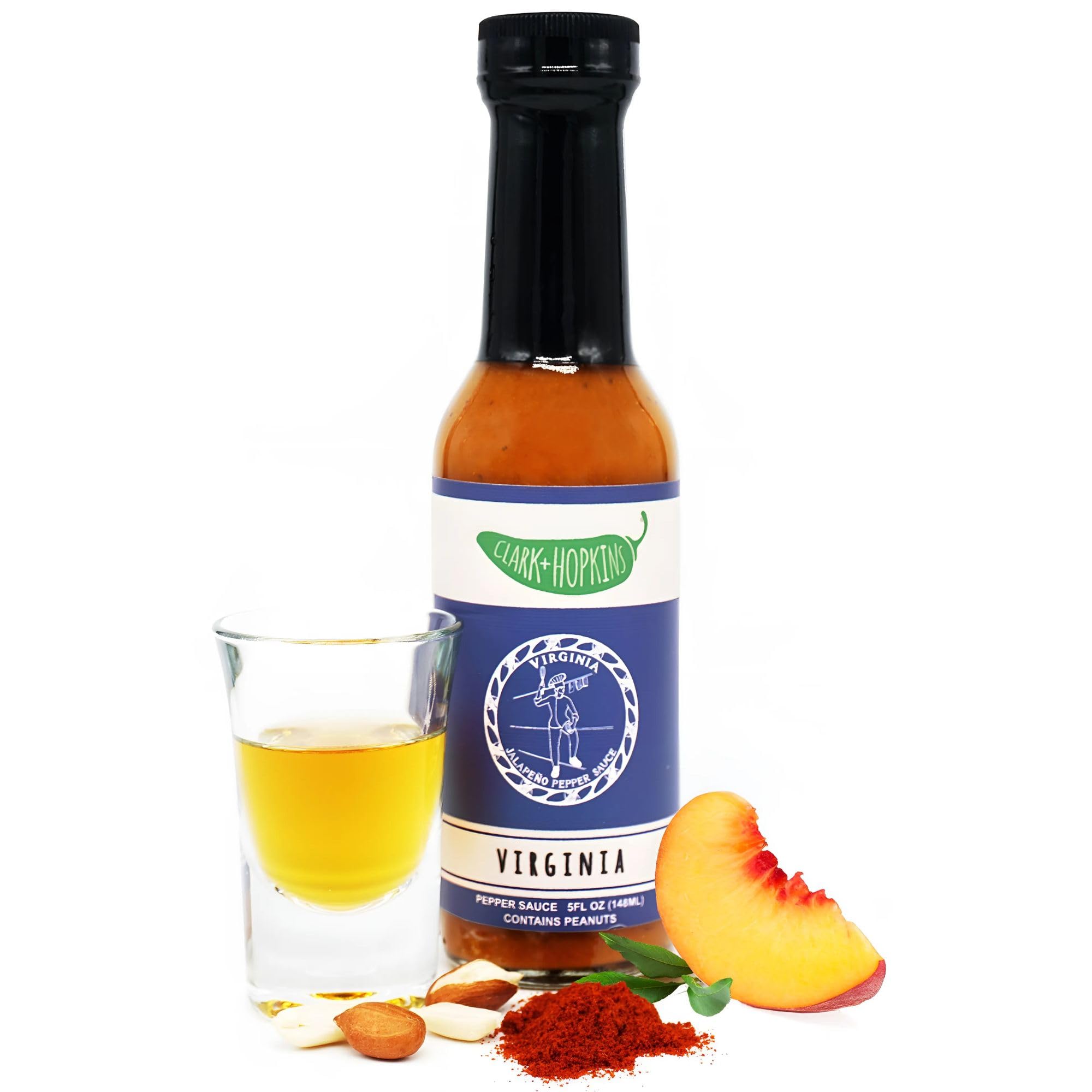 Clark + Hopkins Virginia Jalapeno Pepper Sauce, w/Peaches, Habanero & Whiskey Flavored Hot Sauce, Virginia's Rich Cuisine, Medium Heat, 5 oz (1 Pack)