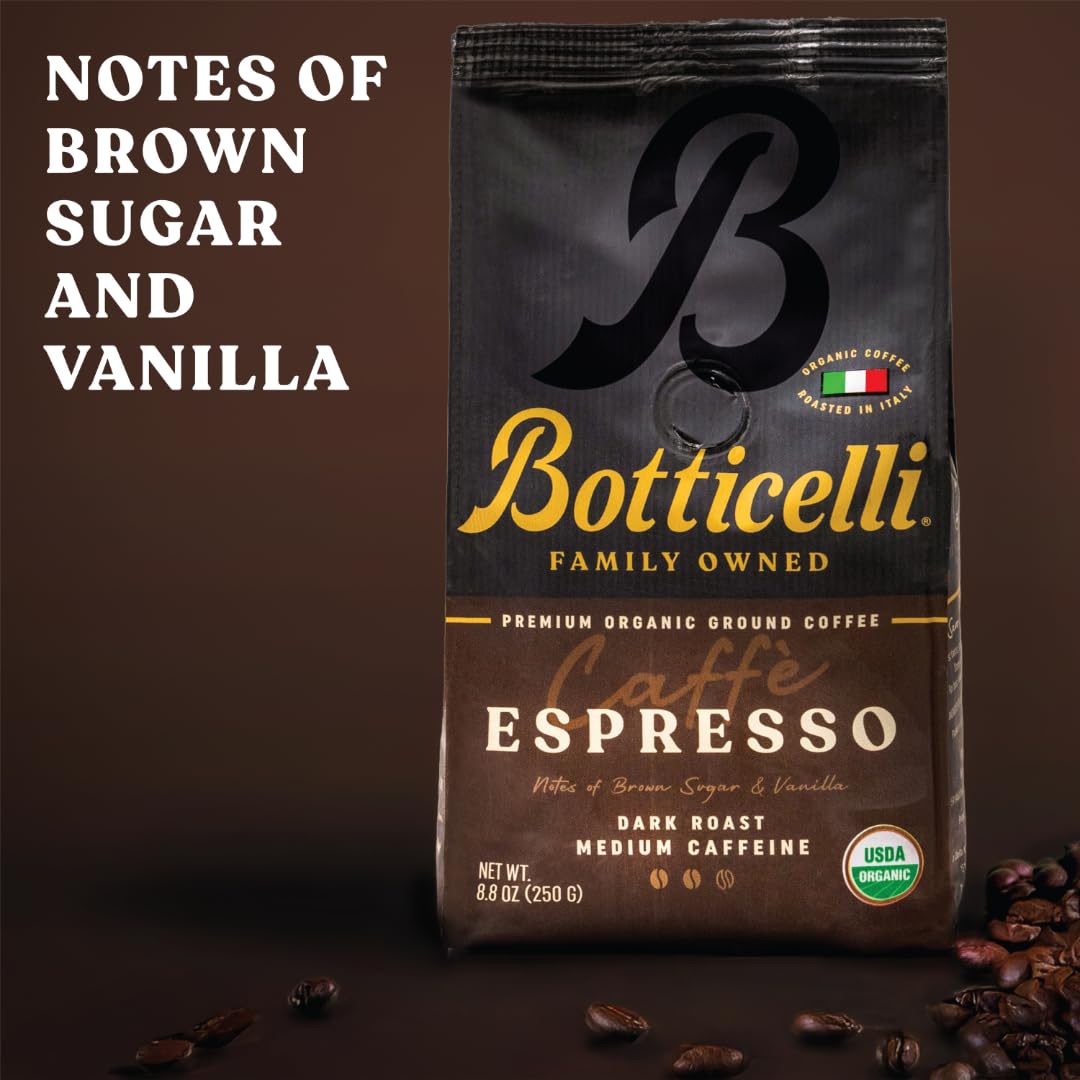 Botticelli Espresso Blend Ground CoffeeUSDA Organic, Medium Caffeine, Dark Roast 8.8oz