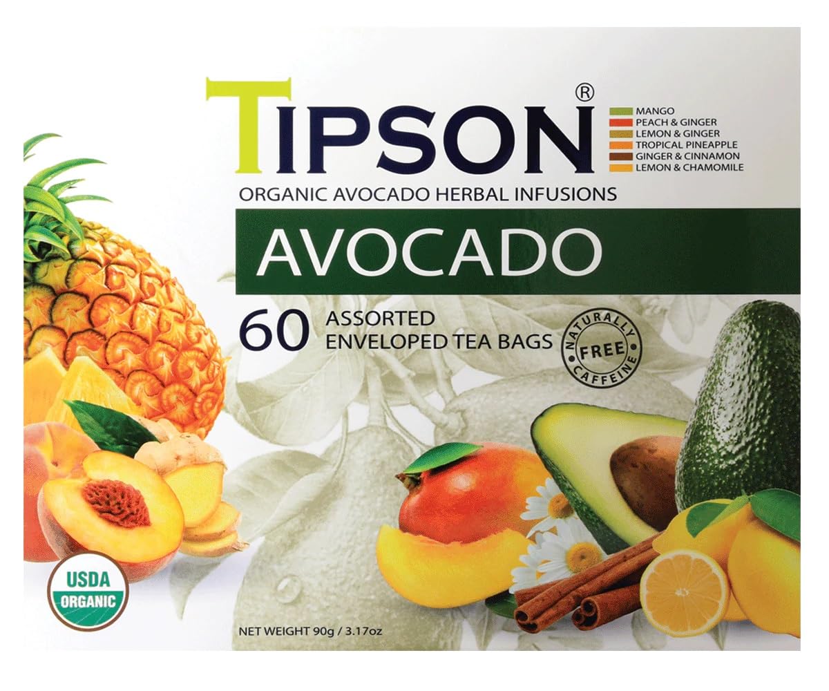 Tipson Organic Avocado Variety Sampler - 6 Flavors (60 Tea Bags), Herbal Tea Infusions - USDA Organic, Non GMO, and Gluten Free
