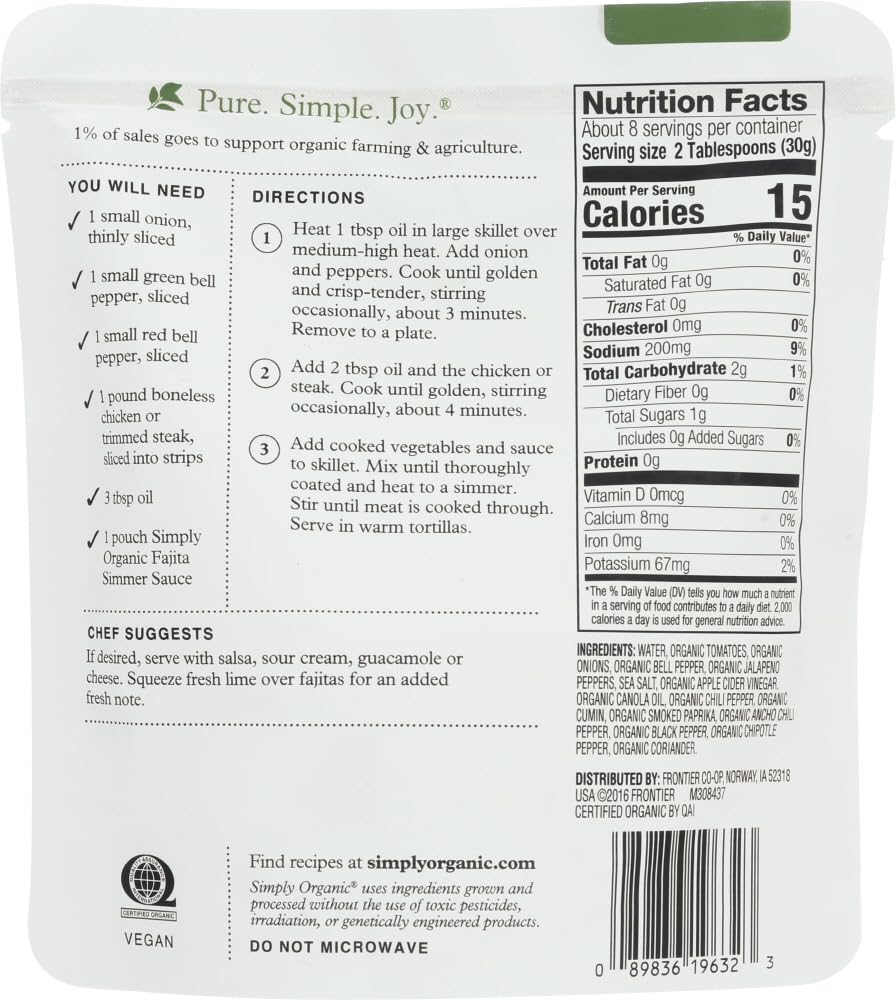Simply Organic Classic Fajita Simmer Sauce, Certified Organic | 8 oz | Pack of 6