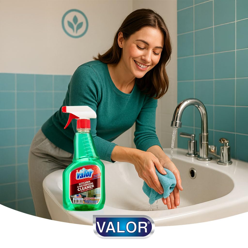 Valor Kitchen & Bathroom Cleaner Spray - Multi-Surface Degreaser & Limescale Cleaning Solution, Eco-Friendly Biodegradable Formula, (32 Fl Oz (Pack