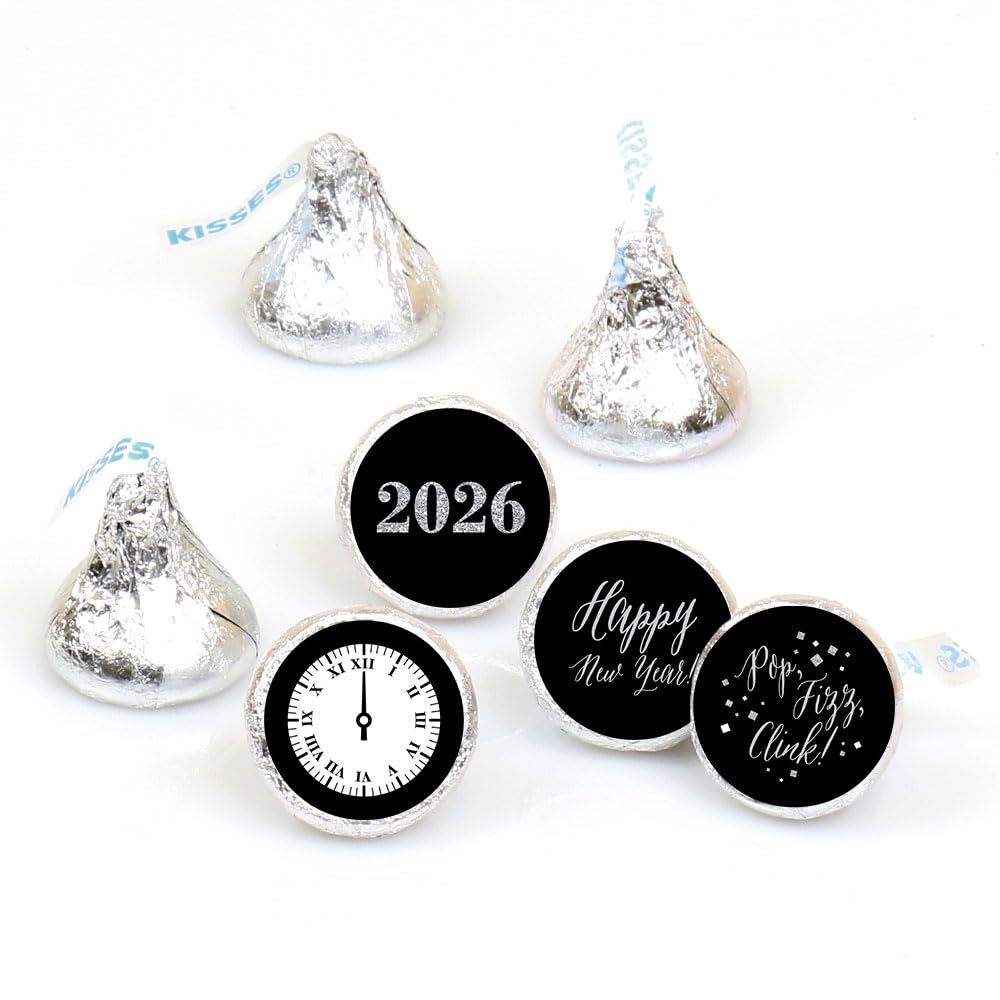 Big Dot of Happiness New Year's Eve - Silver - 2026 New Years Eve Party Round Candy Sticker Favors - Labels Fit Chocolate Candy (1 Sheet of 108)