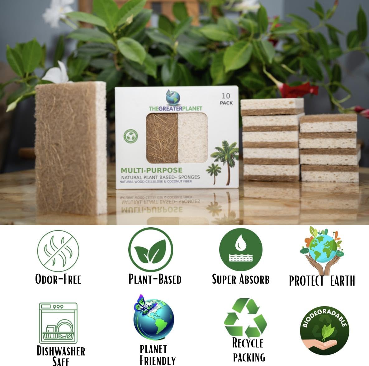 THE GREATER PLANET- Natural Kitchen Sponges, Eco Friendly Cleaning sponges-Multipurpose Wood Cellulose Scrub sponges-10 Pack Biodegradable Organic