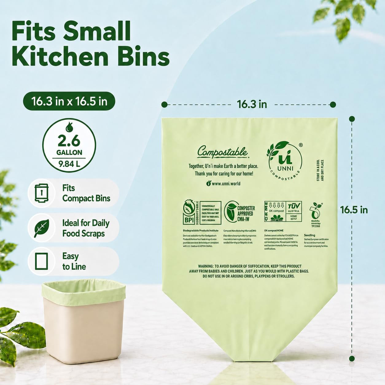 UNNI Compostable Trash Bags, 2.6 Gallon / 9.84 Liter, 100 Count, Extra Thick 0.71 Mil Small Kitchen Food Scrap Bin Liners, Certified by BPI, CMA & OK
