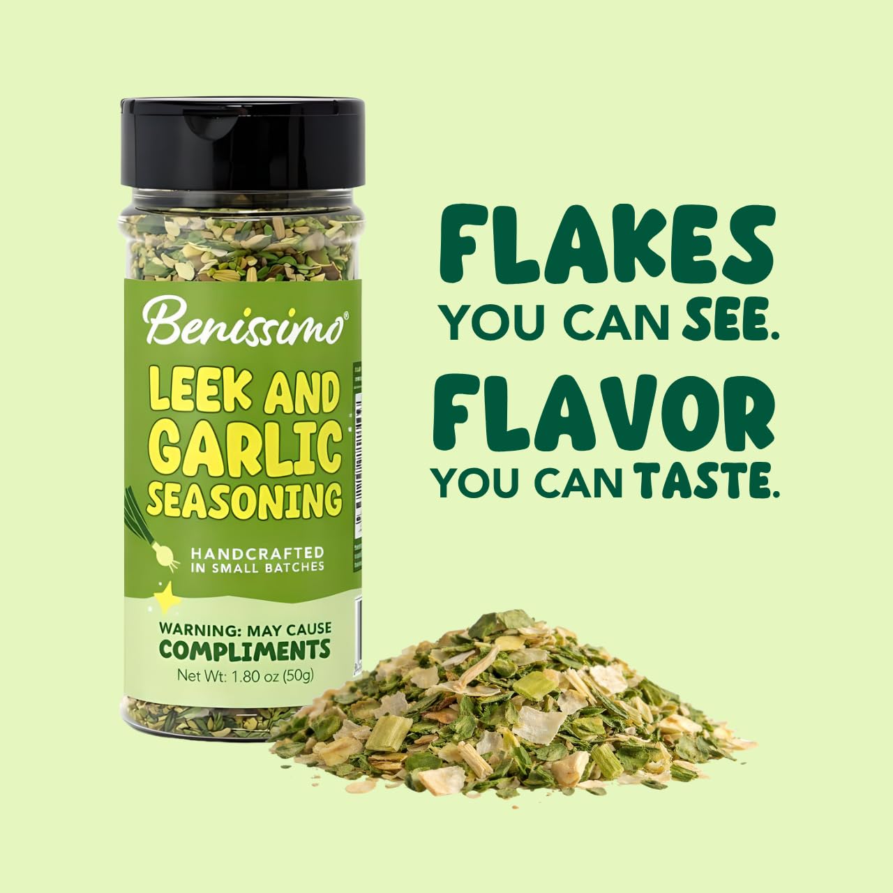 Benissimo Leek & Garlic Seasoning, Flake & Granule Blend for Chicken, Seafood, Vegetables, Pasta, Soups, Dips, Sauces, Roasting & Grilling with Pet
