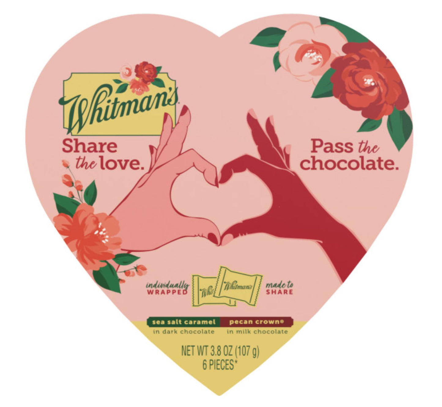 Whitman's Valentine's Day Heart Box - Assorted Milk Chocolate Pecan and Dark Chocolate Sea Salt Caramel - 6 Pieces Per Box - Start a New Tradition