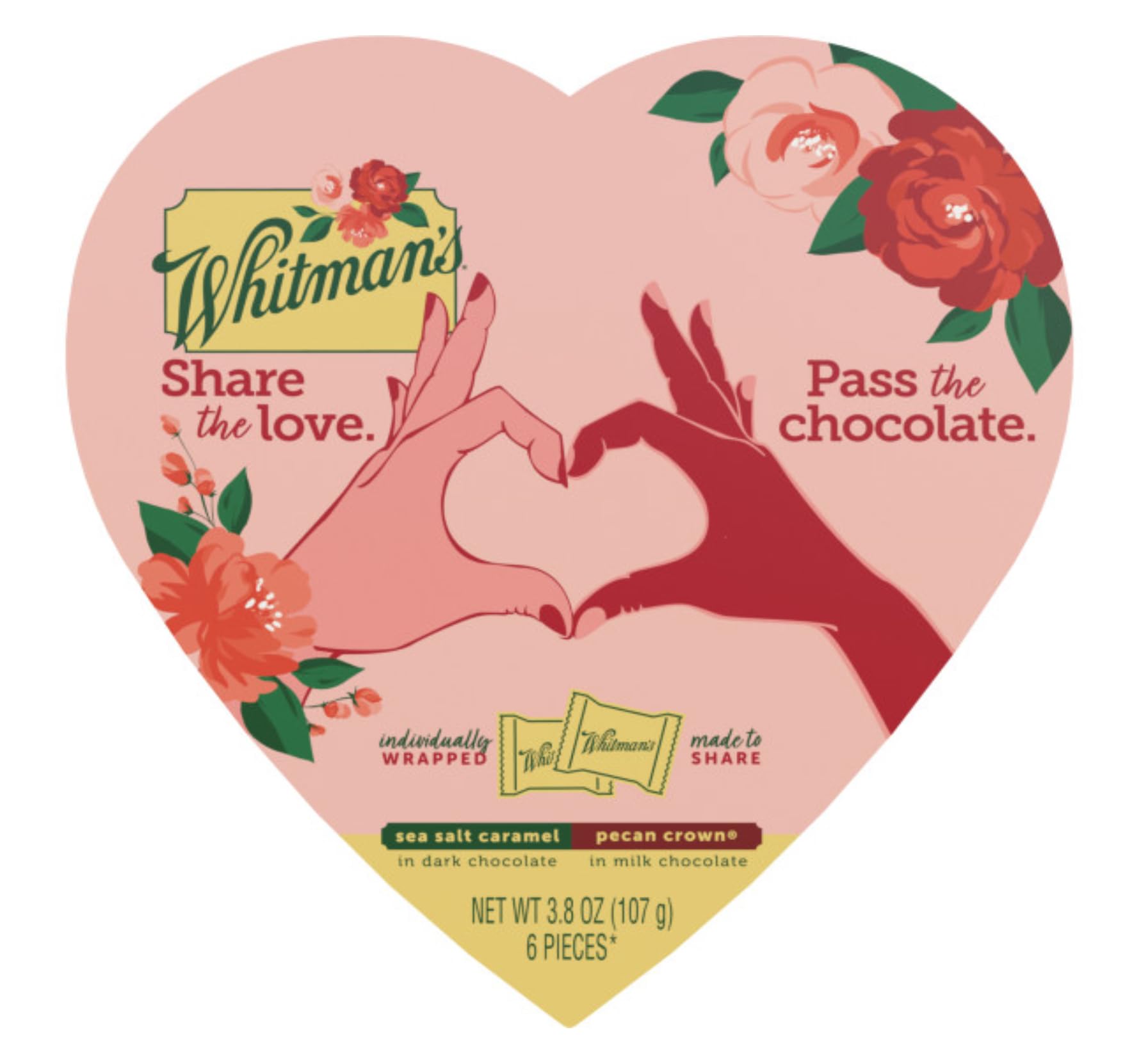 Whitman's Valentine's Day Heart Box - Assorted Milk Chocolate Pecan and Dark Chocolate Sea Salt Caramel - 6 Pieces Per Box - Start a New Tradition
