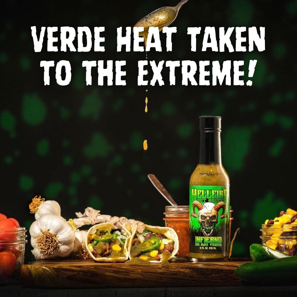 Hellfire Hot Sauce Infierno De Ajo Verde - Garlic Salsa Verde Gourmet Hot Sauce With Green Carolina Reaper Peppers, 5 oz.