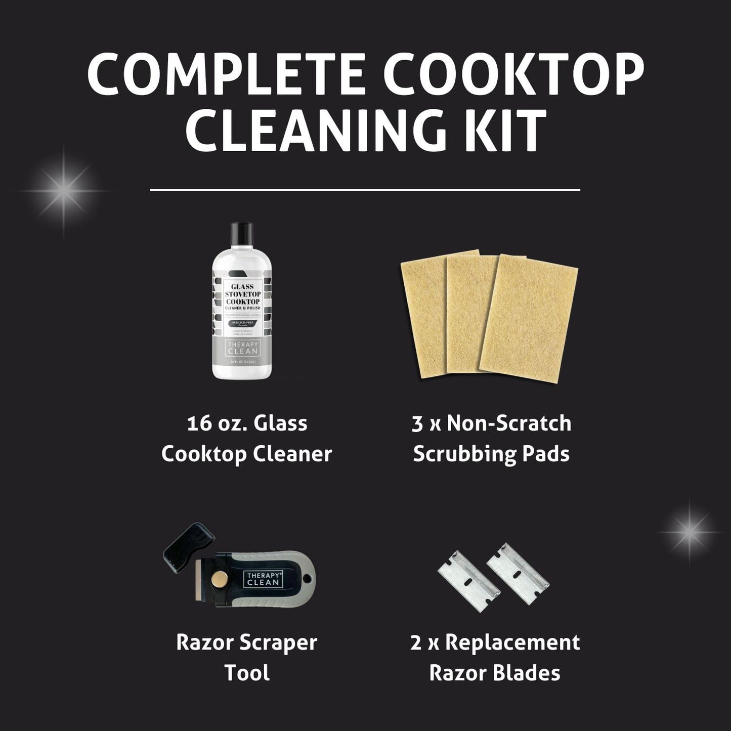 Therapy Glass Cooktop Cleaner Kit - 16oz with Scraper & 3 Non-Scratch Pads - For Electric, Induction, Ceramic & Gas Stove Top - Heavy Duty Flat Top