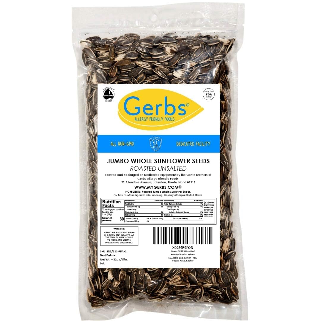 Jumbo Unsalted Sunflower Seeds In Shell by Gerbs - 2 LBS - Top 14 Food Allergen Free & NON GMO - Premium Dry Roasted Whole Sunflower Seed