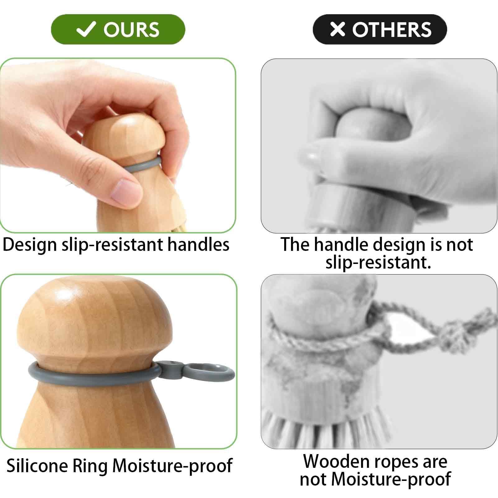 TELUNSHI 2 Pack Wooden Dish Brush, Compact Palm Dish Scrubber with Soft Rubber Hanging Ring, PBT Bristles Kitchen Scrub Tool for Dishes, Pots, Pans