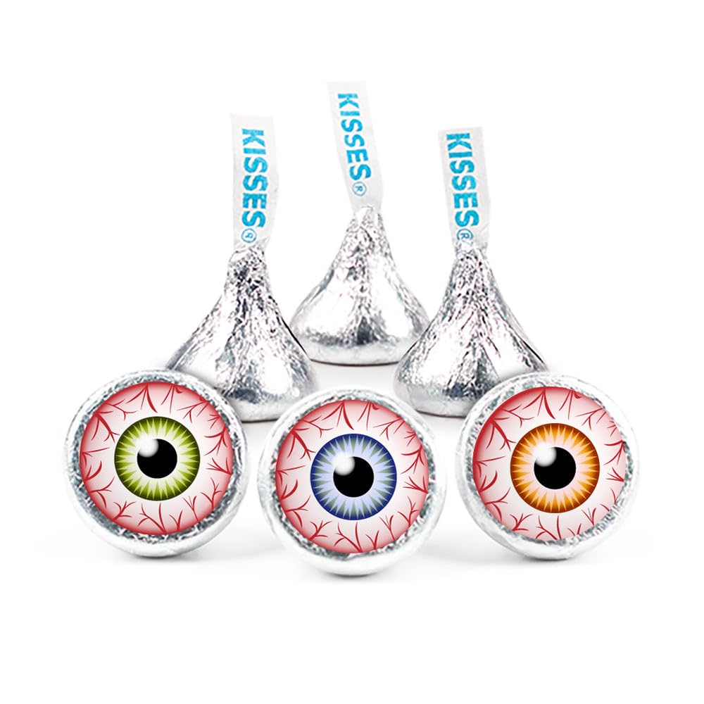 85 Pcs Chocolate Eyeballs Halloween Party Favors Googly Eyes Stickered Silver Kisses Candy (13.6oz) - No Assembly Required