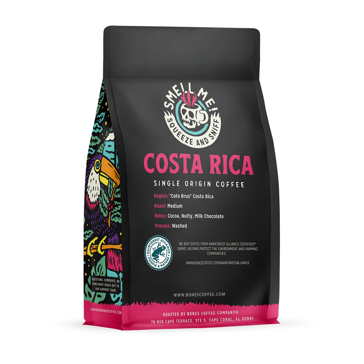 Bones Coffee Company Costa Rica Single-Origin, Cocoa, Nutty and Milk Chocolate Notes, Ground Coffee Beans, Low Acid Medium Roast Arabica Beans