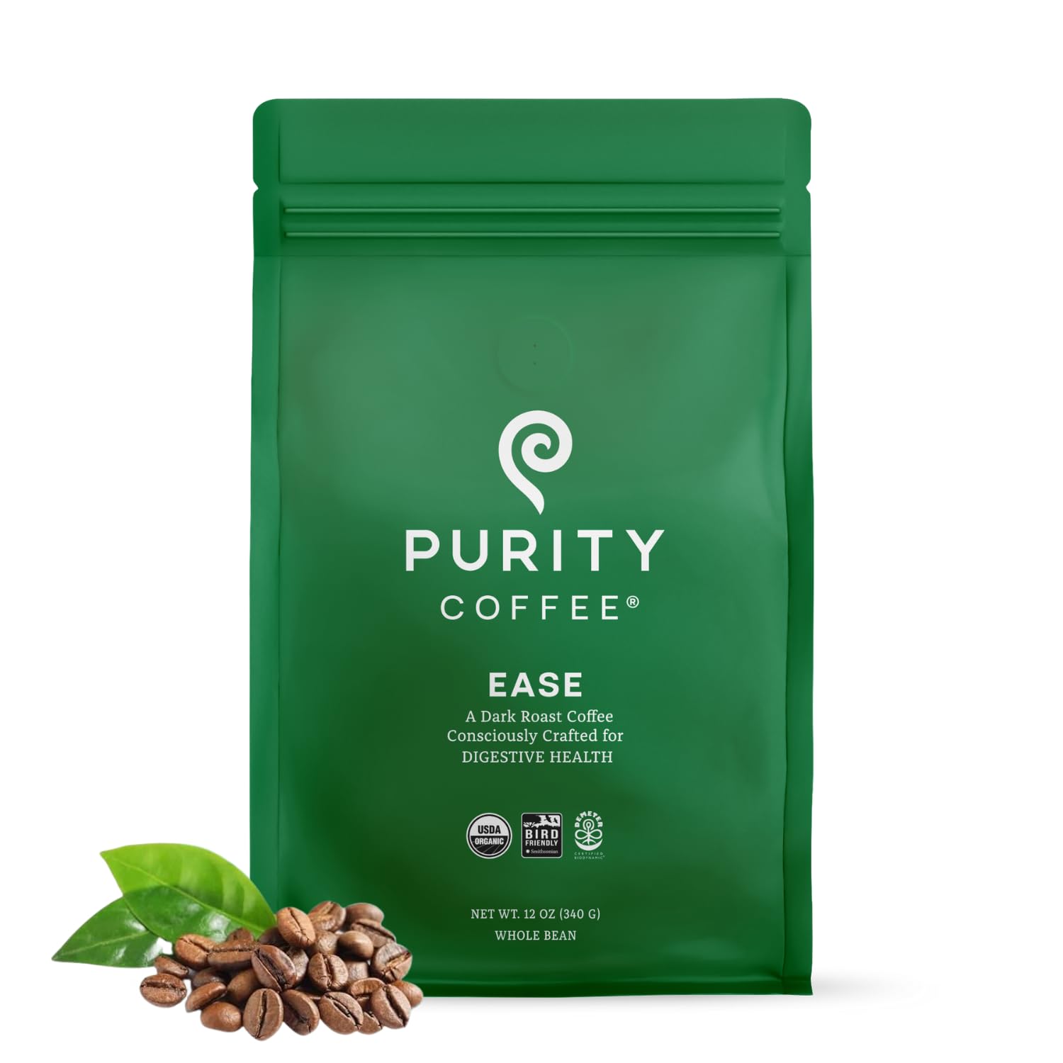 Purity Coffee EASE Low Acid Dark Roast Whole Bean (12oz Bag) | Specialty-Grade USDA Organic Arabica Blend | Third Party Tested for Mold, Mycotoxins