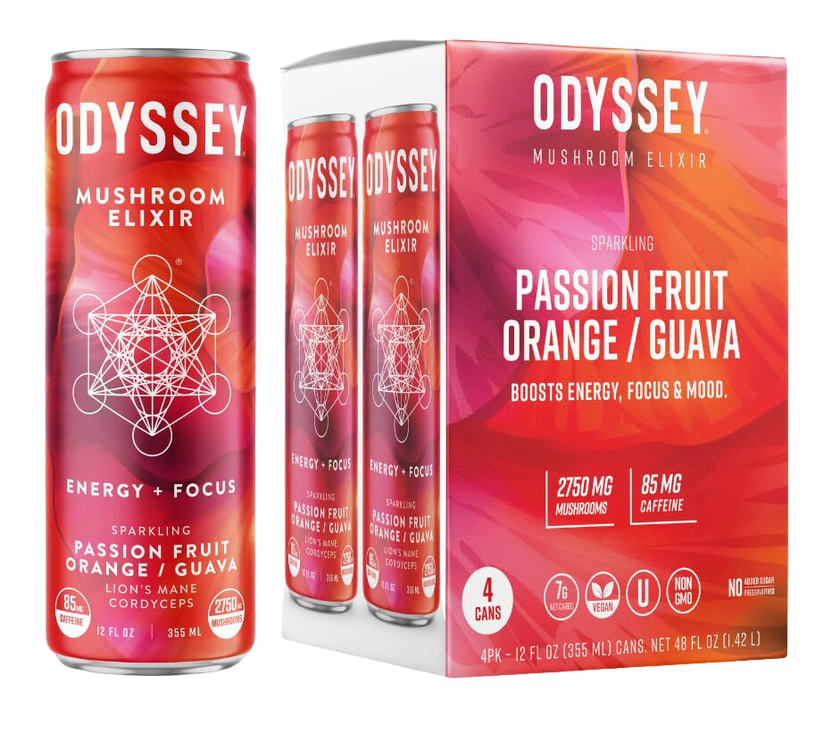 Odyssey Elixir Sparkling Adaptogen Drink, Low Calorie Drinks with L Theanine, Lions Mane, Cordyceps and Green Tea Caffeine for Energy and Focus
